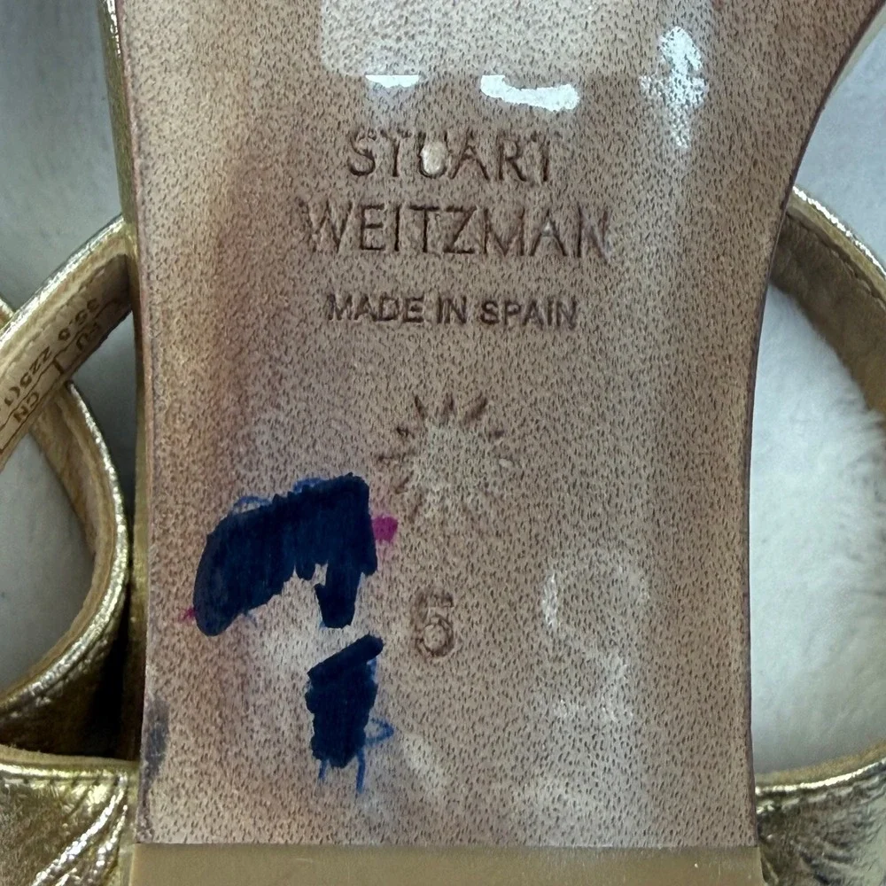 Stuart Weitzman Aleena 50 Gold Metallic Leather Square Toe‎ Wedge Sandals Size 5